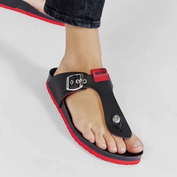 Love Moschino Women's Leather Flip Flop Slide Size 38 US 7.5 Nero Black Red EUC - Picture 1 of 14